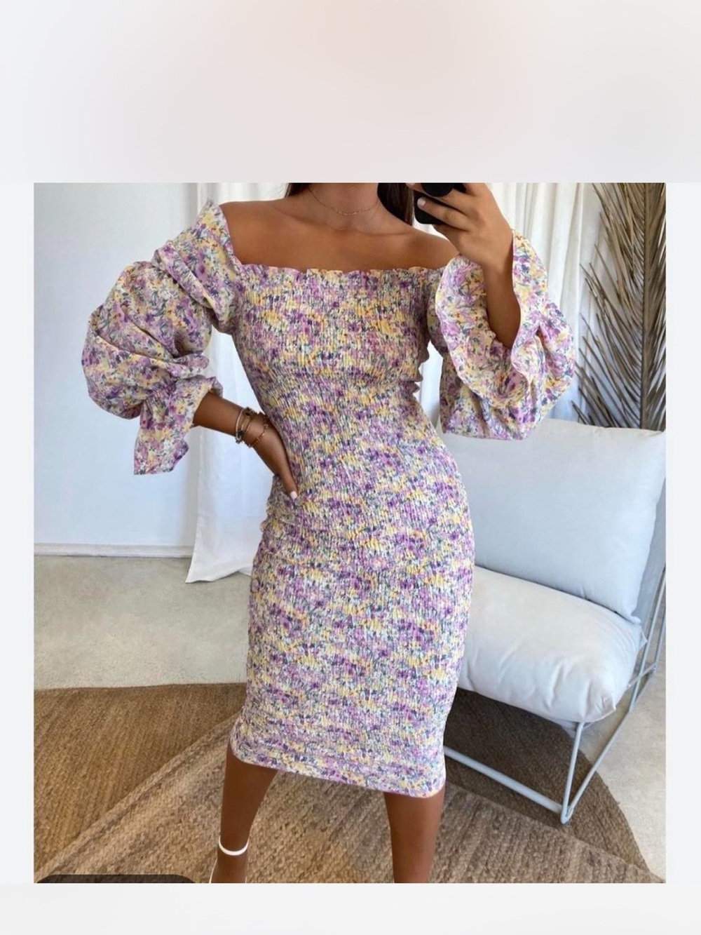 SNDYS lavender romantic floral midi bodycon dress